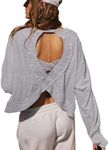 LASLULU Active Long Sleeve Tops for Women Sexy Backless Gym Yoga Athletic Shirt Loose Fit Crewneck Casual Y2k Crop Exercise Tees(Heather Grey X-Large)