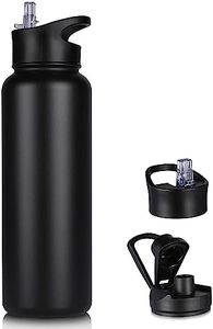 VQRRCKI 40 oz Insulated Water Bottle with Straw, Stainless Steel Sports Water Bottles with 2 Lids (Straw and Wide Mouth lid), Double Wall Vacuum, Leakproof, BPA-Free, Black