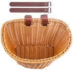 Woven Plastic Bike Baskets- Front D-Shaped Bike Bicycle Basket | Handlebar Storage Container with 2 Adjustable Leather Straps (Brown&Adults)