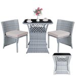 RUN.SE 3 PCS Wicker Patio Bistro Set Outdoor Furniture Set for Small Space w/Tempered Glass Dining Table & Cushions, Conversation Set for Garden Backyard Poolside Balcony, Grey (No Assembly Required)