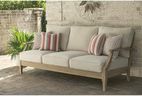 Signature Design by Ashley Clare View Outdoor Patio Sofa, 4 Throw Pillows, Nuvella Weather Resistant Fabric, Eucalyptus Wood, 81" W x 35" D x 32" H, Beige