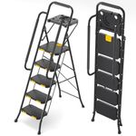 KINGRACK 5 Step Ladder, Step Ladder 5 Step Folding with Tool Tray and Safety Handrails, Lightwight Household Ladder for Your Kitchen, Pantry, Closets, Office Use