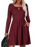 Zeagoo Womens Long Sleeve Dress Fall Dress 2024 Sweater Dresses Bodycon Dress Square Neck A Line Work Dress Wine Red XL