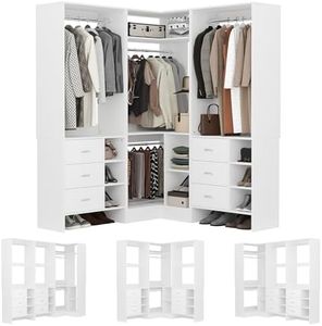 HOMPUS Modular L-Shaped Closet System with 6 Drawers & 4 Hanging Rods, Reversible Walk-in Closet Organizer, Freestanding Wooden Wardrobe Storage for Bedroom, White (92.6"L * 31.5"W / 63"L * 61"W)
