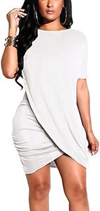 Ophestin Women's Short Sleeve Wrap Mini Dress Solid Color Summer Bodycon Tight Ruched T Shirt Mini Short Dresses White S