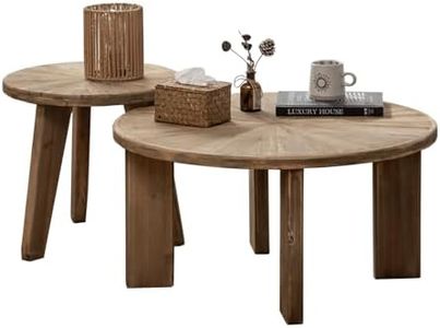 HuiDao Farmhouse Living Room Coffee Table Set of 2, Modern Circle Nesting Table Round Natural Finish with Handcrafted Old Solid Wood, Wooden Unique Coffee Table