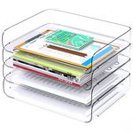 Tomorotec Desk Letter Tray Set 4-Pack, A4 Size Clear PET Stackable Document Organizer Office Desktop File Paper Holder Book Storage Rack Side Load Anti-Skid Stacking Support Convex Bottom Grooved Snap