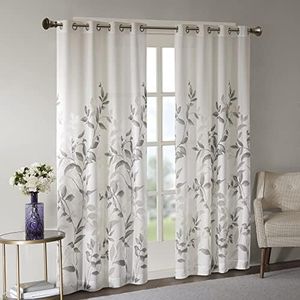 Madison Park Cecily Semi Sheer SINGLE Panel Window Curtain Burnout Botanical Print, Easy To Hang, Fits up to 1.25" Diameter Rod, 50x84", Leaves Grey (Pack of 1)