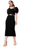 Sheetal Associates Women's Puff Sleeves Sweetheart NeckSlit Bodycon Casual Midi Dress Black