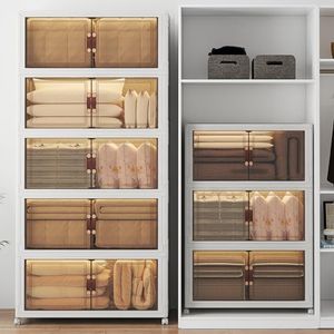 UAMFURI Stackable Storage Bins with Lids, 1440QT Lockable Storage Cabinet, Foldable Storage Box with Doors and Wheels, Plastic Drawers for Home, Garage, Office (8, White, Extra Large)