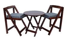 Home furniture Sheesham Wooden Patio Dining Set Foldable Chairs and Table for Balcony Garden and Outdoor (2 Seater, with Round Table & Cushion (Dark Teak))