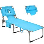 Goplus Beach Chaise Lounge with Face Hole, Outdoor Folding Recliner w/Removable Pillow & Side Pocket, 5-Position AdjustablePortable Tanning Chair for Pool Camping Patio (1, Sky Blue)