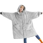 Bedsure Zip Up Oversized Blanket Hoodie - Sherpa Fleece Snuggle Wearable Blanket with Zipper for Women & Men, Soft Warm Fluffy Hooded Blanket with Pocket, Gift for Women, Gift for Her, Grey, 100x78 cm