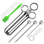 Meat Injector Syringe Kit, Stainless Steel Marinade Flavor Injector Kit with 3 Needles, Turkey Baster Food Syringe for BBQ, Baking, Turkey and Cooking, Free silicone brush (Silver)