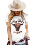 SECETKET Country Shirt Women Not My First Rodeo Steer Skull T-Shirt Tee Casual Country Cowboy Shirt Short Sleeve Tops(CAWT,XL)