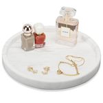 WORHE Natural Marble Decorative Tray, Bathroom Bedroom Kitchen Dresser, Round Vanity Tray for Perfume, Cosmetic, Candle, Countertop Storage Organizer Home Décor White Color(TP601)