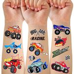 75 PCS Truck Temporary Tattoo for Kids, 4 Sheets Metallic Styles Truck Party Supplies Tattoos -Racing Car Big Car Checkered Flag Trophy Flames Wheel Waterproof Fake Tattoo Stickers for Boys Teens