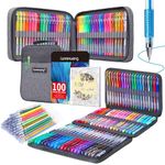 LANRENWENG 200 Pack Gel pens Set 100 Colored Gel Pen with 100 Refills, Fine Tip Glitter Gel pens with Canvas Bag for Adults Coloring Books Drawing Crafts Scrapbooks