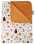 Top Tots Baby Blanket - Baby Animals Bear Deer Rabbit Fox Hedgehog with Brown Orange Minky Dot