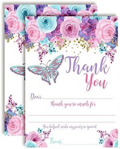 Floral Watercolor Butterfly Birthday Thank You Notes, Ten 4" x 5.5" Fill In The Blank Cards with 10 White Envelopes by AmandaCreation