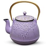 TOPTIER Tea Kettle, Japanese Cast Iron Teapot with Stainless Steel Infuser, Cast Iron Tea Kettle Stovetop Safe, Leaf Design Teapot Coated with Enameled Interior for 40 Ounce (1200 ml), Purple