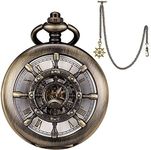 SIBOSUN Skeleton Pocket Watch Mechanical Pocket Watches for Men Double Case Steampunk Roman Numeral Dial Bronze Pocket Watch Fob Watch with Chain and Box Antique Vintage Hollow Rudder Case