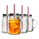 4X 620ml Glass Drinking Mason Jars with Lid and Reusable Straw - Mason Style Jam Jar Cocktail Glasses with Handle - by Rink Drink