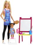 Barbie Art Teacher Playset with Blonde Doll, Toddler Doll, Easel with Color-Change Feature, Palette, Brush, Containers, Step Stool for Ages 3 and Up