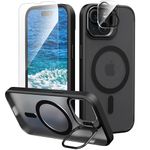 IDweel for iPhone 15 Case with Stash Stand & Screen Protector & Camera Lens Protector,Compatible with MagSafe,Built-in Camera Stash Stand,Magnetic Hard Back Soft Edge Anti-Fingerprint Cover,Black