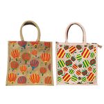 FLIHAUT® Eco-Friendly Reusable Pack of 2 Unisex Printed Multipurpose Grocery, Shopping, Daily use Lunch Tiffin, Zipper Parachute-14 H x 12" L x 6" W, & Apple Print Jute Bags-12 H x 12" L x 6" W