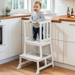 COSYLAND Toddler Kitchen Tower, Kids Learning Helper with Stable A-Frame Design, Anti-Tip Step Stool for Kitchen Counter, Standing Tower for Toddlers 1.5–3 Years (White & Natural)