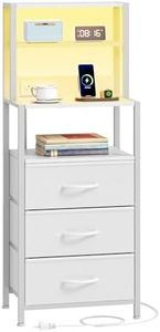 Furnulem Tall Nightstand with 4-Tier Shelves, Night Stand with 3 Fabric Drawers and Charging Station, Bedside Nightstand with Bookshelf, Bed Side Table for Bedroom, Home Office, Dorm (White)