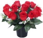 NEW IMPROVED DESIGN & QUALITY WITH FOAM INSERT | 25cm Grave Flower Pots | Artificial Flowers For Graves | For Cemetery & Floral Decorations | Grave Flowers Cemetery Funeral Flowers | RED ROSES