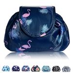 Lazy Drawstring Makeup Bags, Large Capacity Waterproof Travel Portable Cosmetic Bag Pouch Makeup Pouch Storage Organiser for Women Girl (Dark Blue Flamingo)