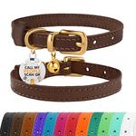 BRONZEDOG Leather Cat Collar with Bells Non Breakaway Kitten QR Tag for Girl Boy (Dark Brown & Gold, 7-9 inch)