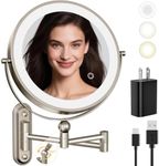 Rocollos 9-Inch Large Makeup Mirror with 30X Magnification, Rechargeable Wall Mounted Vanity Mirror with Lights, 3 Color Dimmable LED, Touch Screen & Retractable Arm-Black (9INCH-Nickel)