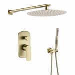 Bathroom Shower System Brass Concealed Round Ultra Thin Overhead 12 inch Rainfall Shower Head with 2 Functions Diverter Valve Mixer Tap and Handheld Kit,Brushed Gold