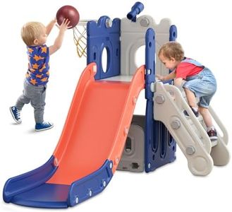 BIERUM 7 in 1 Toddler Slide, L-Shaped Kids Slide for Toddlers Age 1+ with Basketball Hoop and Ball, Ring Toss, Storage Space, Outdoor Indoor Slide Playset Toddler Playground Easy Assembly Blue Orange