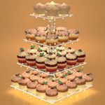 Cupcake Stand with Lights, 4 Tier Square Cupcake Display, Light Up Cupcake Stand for 50 Cupcakes, Dessert Table Display Set for Weddings, Christmas, Birthday Parties (Yellow Light)