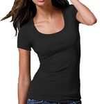 Women's Short Cap Sleeves Scoop Neck Tee T Shirt Cotton Top Plus Size (1XL, Black)