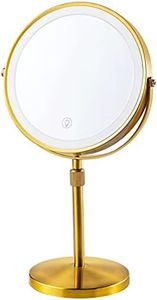 AIKELIN Height Adjustable Makeup Mirror,Rechargeable 8'' Lighted Vanity Mirror with 1X/10X Double Sided Magnifying Light Up Mirror,3 Color Modes Cordless Cosmetic Touch Control ,Brushed Gold 2000mAh