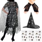 Halloween Witches Costumes for Women Spider Woman Costume Adult Ladies Web Cape and Hat Fingerless Lace Gloves Crawling Tattoo Party Fancy Dress Up Outfits (Classic Style)