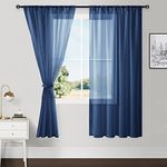 Hiasan Sheer Curtains for Living Room with Tiebacks, Rod Pocket Light Filtering Voile Textured Drapes Lightweight Window Curtains for Bedroom/Nursery, Navy Blue, W52 x L63, 2 Panels