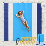 MoKo Sandproof Beach Blanket, 118" x 118" Extra Large Beach Mat for Adults with 10 Stakes & 4 Corner Pockets, Quick Drying Picnic Mat for Beach Travel Camping Hiking, Light Blue & White & Deep Blue