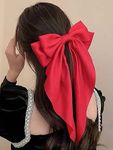 Trend By Kimaayra Luxury Satin Long Tail Hair Bow Alligator clip for Women and Girls, Gift for her, Gift for women, 1 Tail Hair Bow,1 free scrunchie, Free Size (Red)