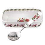 Portmeirion Botanic Garden 2-Piece Set | 8"x 4.25" Sauce Dish with 4.25" Slotted Spoon | Rhododendron Motif | Fine Porcelain | Dishwasher and Microwave Safe