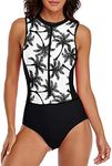 LVZIJUN Women One Piece Rash Guard High Neck Sleeveless Zipper UPF 50 Surfing Swimsuit, Coconut Tree, XX-Large