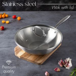 nuovva Stainless Steel Non-Stick Wok – 28cm Induction Stir Fry Pan with Glass Lid