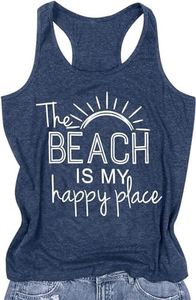 The Beach is My Happy Place Tank Tops Women Summer Beach Tops Hawaiian Vacation Sleeveless Shirt Camis(Blue3,L)