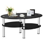 Multigot Tempered Glass Coffee Table, 3-Tier Cocktail Center Table with Open Shelf and Heavy-duty Steel Frame, Oval Snack Tea Sofa Side End Table for Living Room Office (Black)